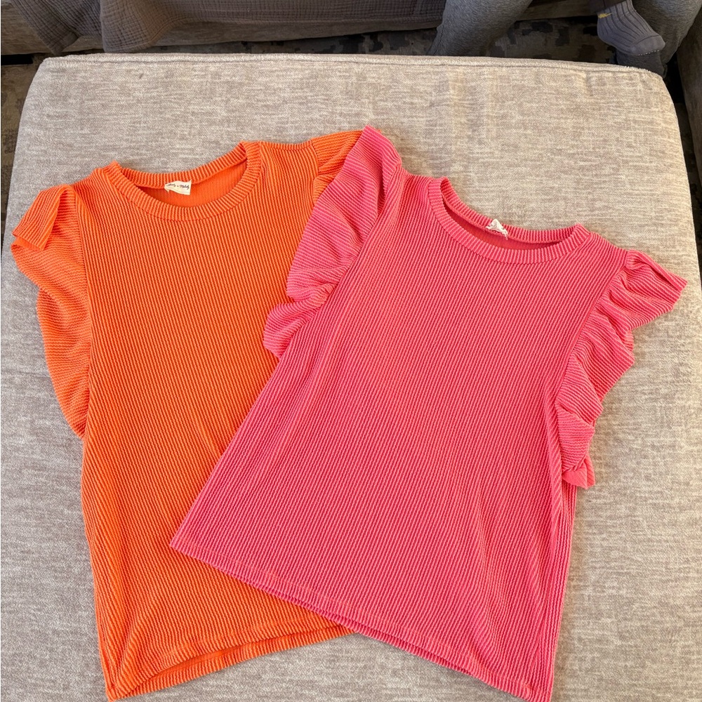 Lovely Melody Women’s Ruffle Sleeve Ribbed Tees - Pink & Orange